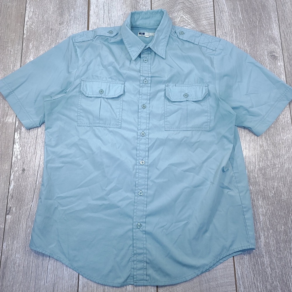 Tilley Button Up Shirt Mens Large Blue Short Sleeve Epaulettes Utility Safari
